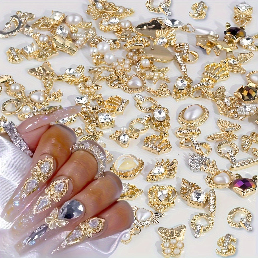200pcs Elegant Nail Art Jewels, 3D Alloy Nail Jewelry Set, with Rhinestones and Faux Gemstones, Unscented DIY Manicure Accessories